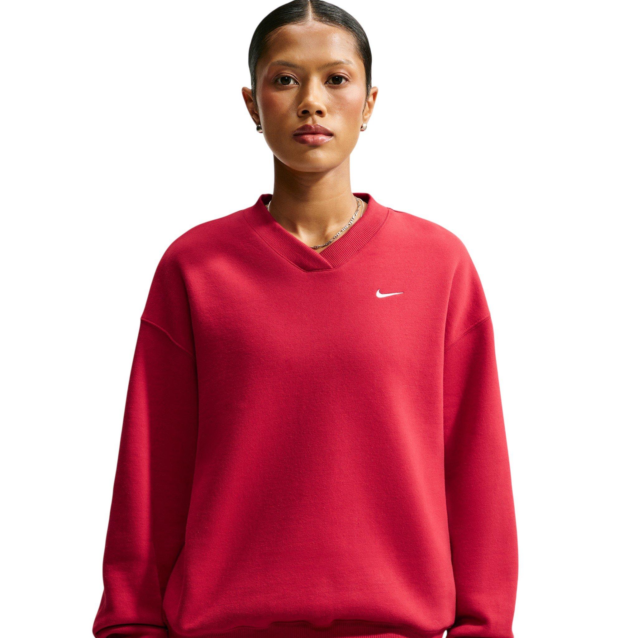 Nike Women's Studio Fleece Med-Weight Oversized V-Neck Top - Red - RED